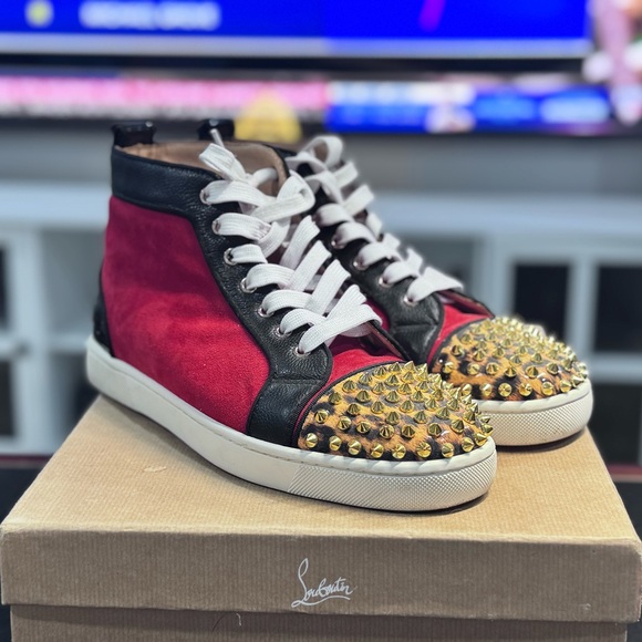 Christian Louboutin Red and Black Spiked Sneakers